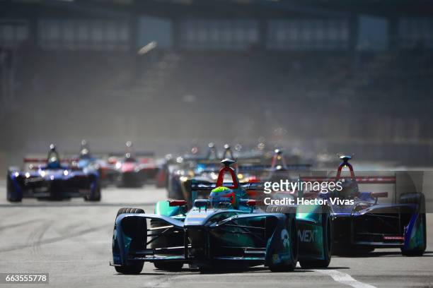 Oliver Turvey of Great Britain and NexTev NIO Team leads during the 2017 FIA Formula E Mexico City ePrix at Hermanos Rodriguez Race Track on April...