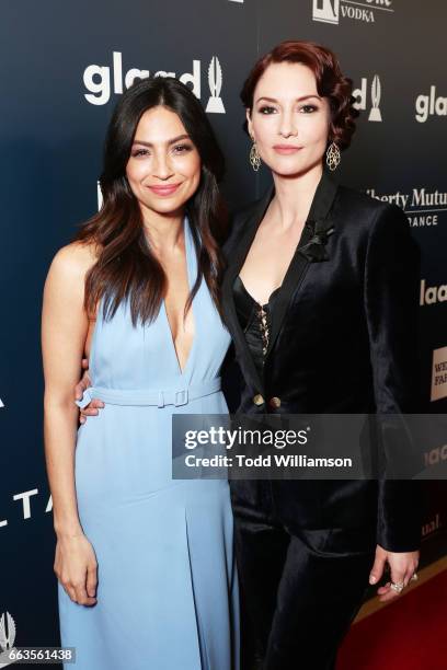 Actors Floriana Lima and Chyler Leigh attend the 28th Annual GLAAD Media Awards in LA at The Beverly Hilton Hotel on April 1, 2017 in Beverly Hills,...