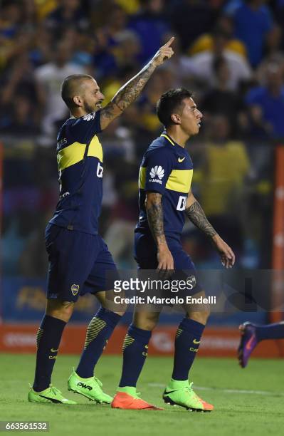 Dario Benedetto of Boca Juniors celebrates after scoring the first goal of his team during a match between Boca Juniors and Defensa y Justicia as...