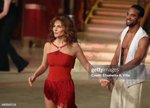 Italian actress Giuliana De Sio and her dance partner Maykel Fonts perform on the Italian TV show 'Ballando Con Le Stelle' at Auditorium Rai on April...