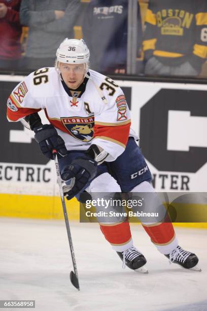 Jussi Jokinen of the Florida Panthers warms up against the Boston Bruins at the TD Garden on April 1, 2017 in Boston, Massachusetts.