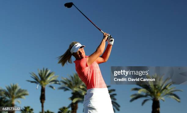 Suzann Pettersen of Norway plays her tee shot on the par 4, 16th hole during the third round of the 2017 ANA Inspiration held on the Dinah Shore...