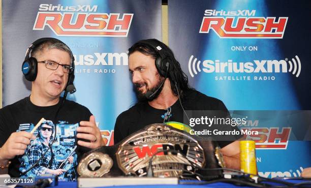 Dave LaGreca and Wrestler Drew Galloway speak during SiriusXM's Busted Open Live From WrestleMania 33on April 1, 2017 in Orlando City.