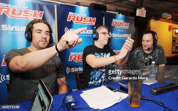 Larry Dallas, Dave LaGreca and Doug Mortman interact with the audience during the SiriusXM's Busted Open Live From WrestleMania 33on April 1, 2017 in...
