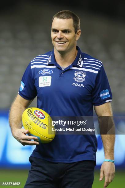 Cats assistant coach Matthew Scarlett looks ahead during the round two AFL match between the Geelong Cats and the North Melbourne Kangaroos at Etihad...