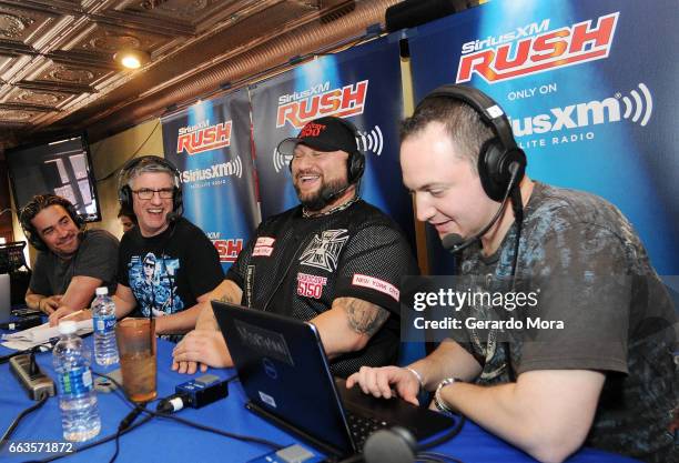 Larry Dallas, Dave LaGreca, Wrestler Bully Ray and Doug Mortman laugh during the SiriusXM's Busted Open Live From WrestleMania 33on April 1, 2017 in...