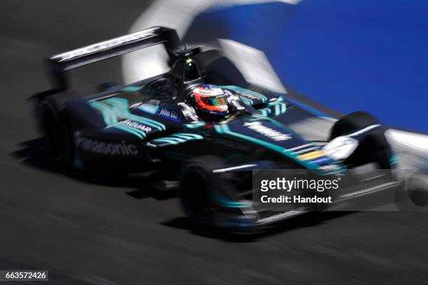 In this handout image supplied by Formula E, Mitch Evans of New Zealand driving the Panasonic Jaguar Racing Jaguar I-TYPE car during the Mexico City...