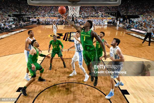 Jordan Bell of the Oregon Ducks reaches out for a rebound during the 2017 NCAA Photos via Getty Images Men's Final Four Semifinal against the North...