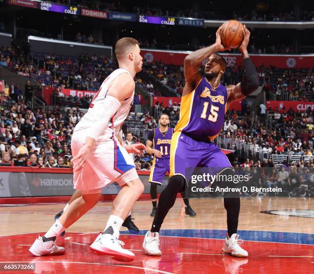 Thomas Robinson of the Los Angeles Lakers passes the ball against the LA Clippers during the game on April 1, 2017 at STAPLES Center in Los Angeles,...