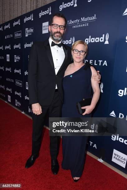 Artist Eric White and actor Patricia Arquette attend the 28th Annual GLAAD Media Awards in LA at The Beverly Hilton Hotel on April 1, 2017 in Beverly...