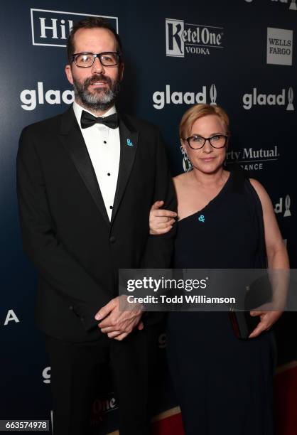 Artist Eric White and actor Patricia Arquette attend the 28th Annual GLAAD Media Awards in LA at The Beverly Hilton Hotel on April 1, 2017 in Beverly...