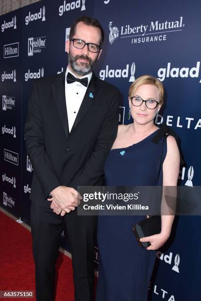 Artist Eric White and actor Patricia Arquette attend the 28th Annual GLAAD Media Awards in LA at The Beverly Hilton Hotel on April 1, 2017 in Beverly...