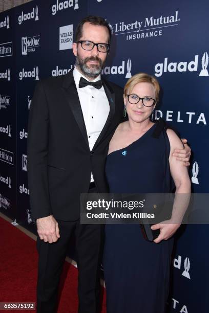 Artist Eric White and actor Patricia Arquette attend the 28th Annual GLAAD Media Awards in LA at The Beverly Hilton Hotel on April 1, 2017 in Beverly...