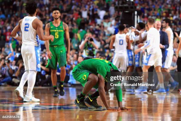 Dylan Ennis of the Oregon Ducks reacts after being defeated by the North Carolina Tar Heels during the 2017 NCAA Men's Final Four Semifinal at...