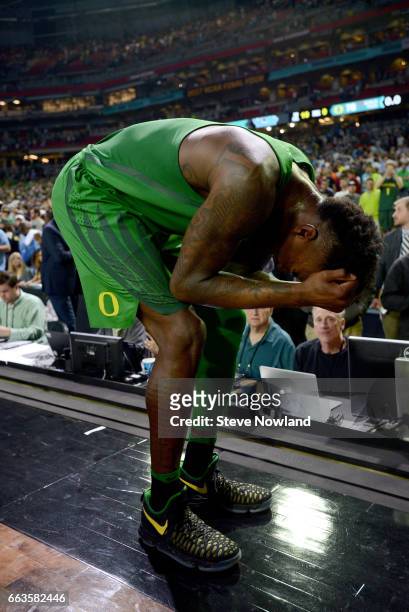Jordan Bell of the Oregon Ducks reacts to the loss during the 2017 NCAA Photos via Getty Images Men's Final Four Semifinal against the North Carolina...