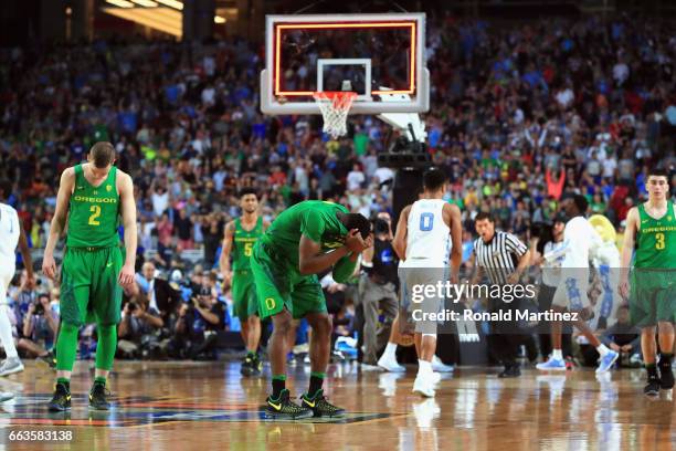 Dylan Ennis of the Oregon Ducks reacts after being defeated by the North Carolina Tar Heels during the 2017 NCAA Men's Final Four Semifinal at...