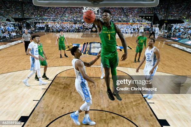 Jordan Bell of the Oregon Ducks dunks during the 2017 NCAA Photos via Getty Images Men's Final Four Semifinal against the North Carolina Tar Heels at...