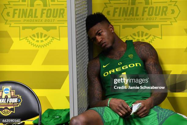 Jordan Bell of the Oregon Ducks reacts to the loss in the locker room during the 2017 NCAA Photos via Getty Images Men's Final Four Semifinal against...