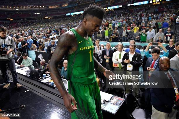 Jordan Bell of the Oregon Ducks reacts to the loss the 2017 NCAA Photos via Getty Images Men's Final Four Semifinal against the North Carolina Tar...