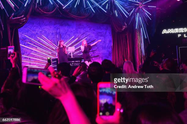 Aino Jawo and Caroline Hjelt of Icona Pop perform at the American Express Celebrates The New Platinum Card With Hamilton Takeover Experience on April...