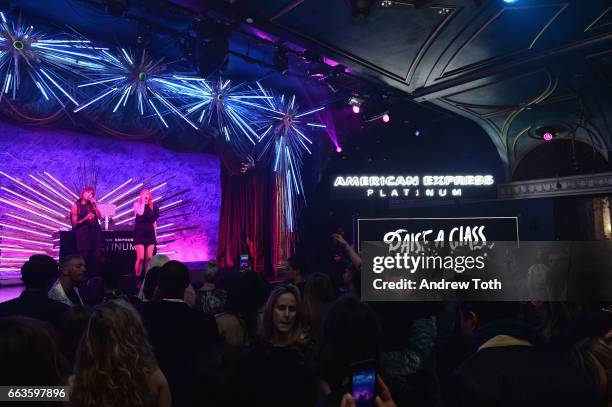 Aino Jawo and Caroline Hjelt of Icona Pop perform at the American Express Celebrates The New Platinum Card With Hamilton Takeover Experience on April...