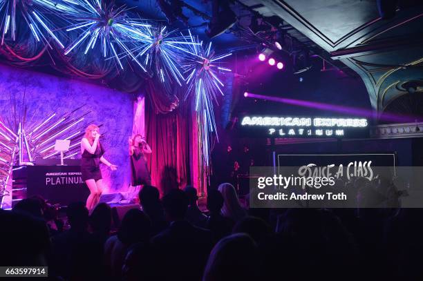 Caroline Hjelt and Aino Jawo of Icona Pop perform at the American Express Celebrates The New Platinum Card With Hamilton Takeover Experience on April...