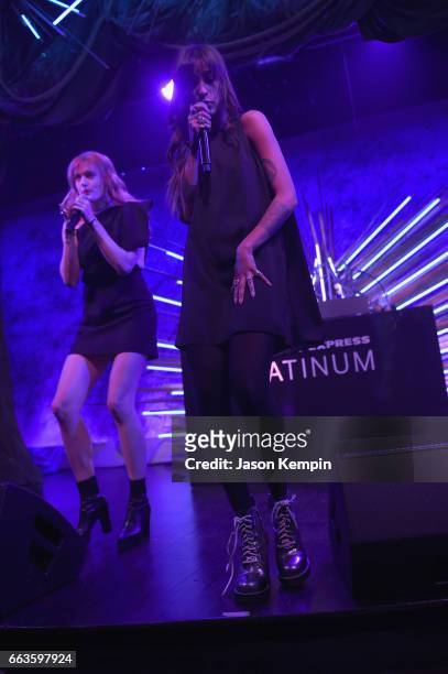 Caroline Hjelt and Aino Jawo of Icona Pop perform at the American Express Celebrates The New Platinum Card With Hamilton Takeover Experience on April...
