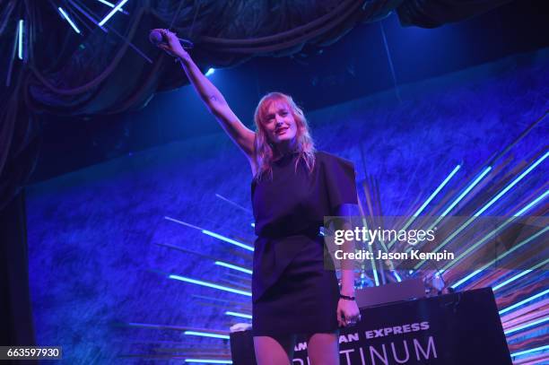 Caroline Hjelt of Icona Pop perform at the American Express Celebrates The New Platinum Card With Hamilton Takeover Experience on April 1, 2017 in...