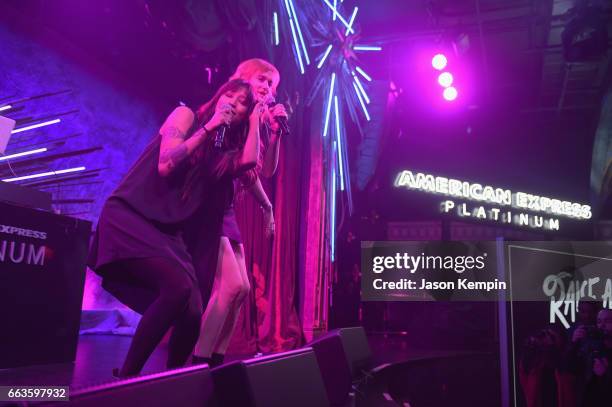 Aino Jawo and Caroline Hjelt of Icona Pop perform at the American Express Celebrates The New Platinum Card With Hamilton Takeover Experience on April...