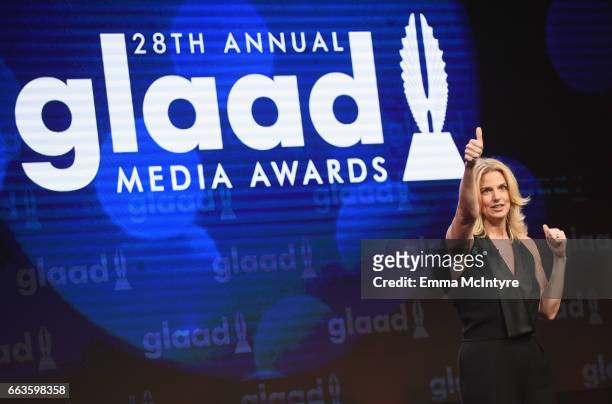 President & CEO Sarah Kate Ellis speaks onstage during the 28th Annual GLAAD Media Awards in LA at The Beverly Hilton Hotel on April 1, 2017 in...