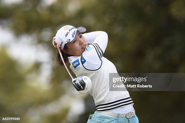 Saki Nagamine of Japan hits her tee shot on the eighth hole during the final round of the YAMAHA Ladies Open Katsuragi at the Katsuragi Golf Club...
