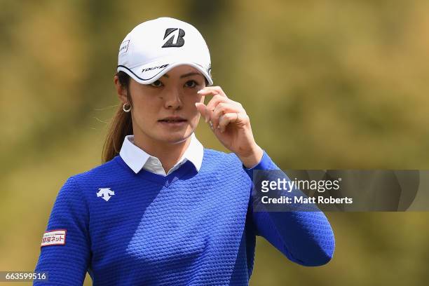 Ayaka Watanabe of Japan reacts on the forth green during the final round of the YAMAHA Ladies Open Katsuragi at the Katsuragi Golf Club Yamana Course...