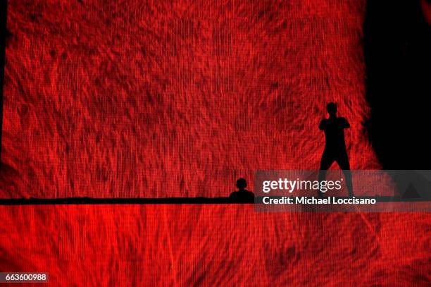 Lex Pall and Andrew Taggart of the band The Chainsmokers perform at Coca-Cola Music during the NCAA March Madness Music Festival 2017 on April 1,...