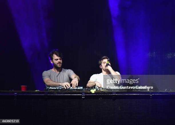 Lex Pall and Andrew Taggart of the band The Chainsmokers perform at Coca-Cola Music during the NCAA March Madness Music Festival 2017 on April 1,...