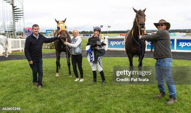 Aurelius Hero and Arachne after dead heating in Woman's Racing BM70 Handicap at Sportsbet-Ballarat Racecourse on April 02, 2017 in Ballarat,...