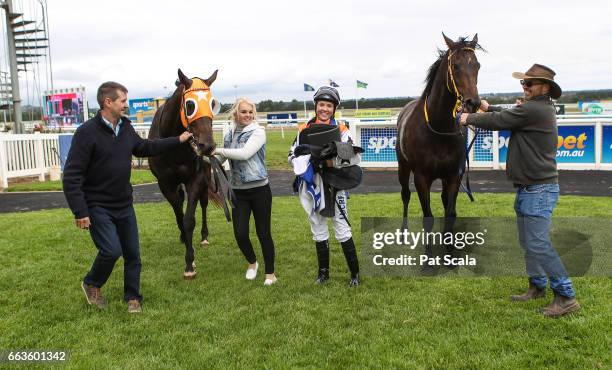 Aurelius Hero and Arachne after dead heating in Woman's Racing BM70 Handicap at Sportsbet-Ballarat Racecourse on April 02, 2017 in Ballarat,...