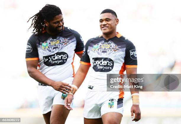 Jamal Idris and Moses Suli of the Tigers prepares during warm up before the round five NRL match between the Wests Tigers and the St George Illawarra...