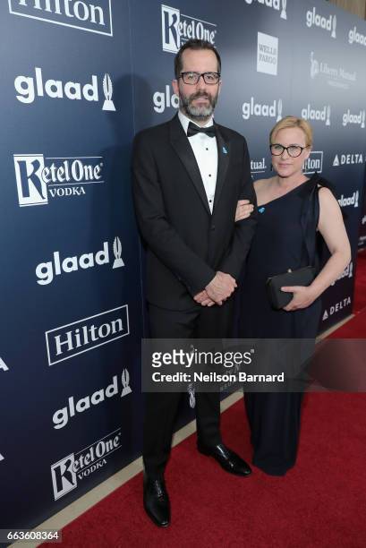 From left, artist Eric White and honoree Patricia Arquette celebrate achievements in the LGBTQ community at the 28th Annual GLAAD Media Awards,...