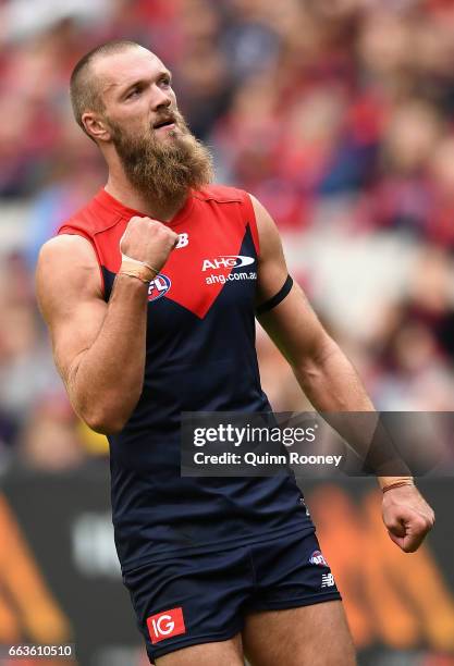 Max Gawn of the Demons celebrates kicking a goal during the round two AFL match between the Melbourne Demons and the Carlton Blues at Melbourne...