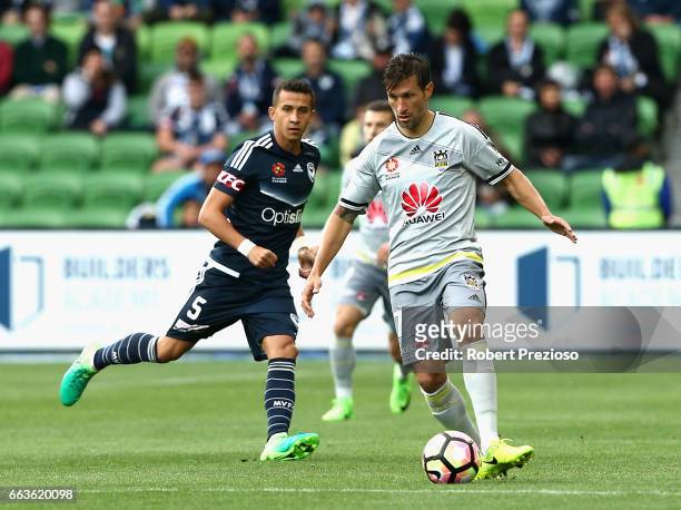 Vince Lia of the Phoenix controls the ball during the round 25 A-League match between the Melbourne Victory and the Wellington Phoenix at AAMI Park...