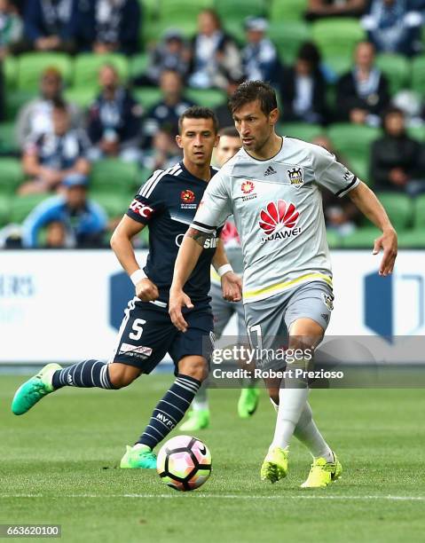 Vince Lia of the Phoenix controls the ball during the round 25 A-League match between the Melbourne Victory and the Wellington Phoenix at AAMI Park...