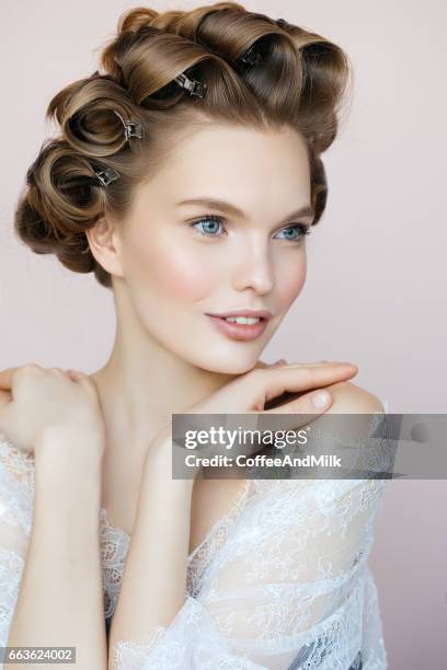 woman in curlers - curlers stock pictures, royalty-free photos & images