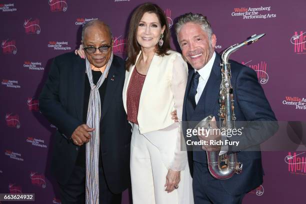 Record producer Quincy Jones, singer Monica Mancini and musician Dave Koz arrive at Mancini Delivered - A Musical Tribute To Ginny And Henry...