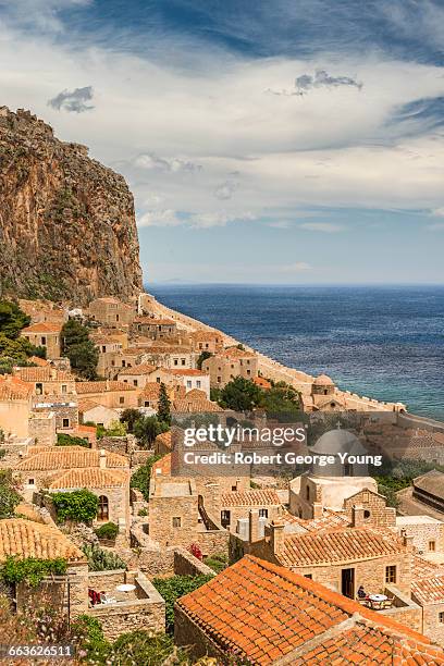 elevated view of monemvasia, castle & domed church - monemvasia stockfoto's en -beelden