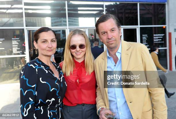 Margaret Kunath, Olivia Barrett, and Friedrich Kunath attend MOCA's Leadership Circle and Members' Opening of "Carl Andre: Sculpture as Place,...