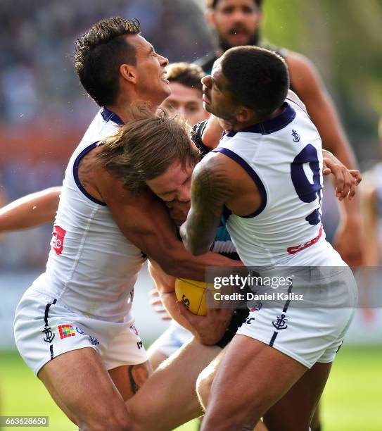 Jared Polec of the Power is tackled by Danyle Pearce and Bradley Hill of the Dockers during the round two AFL match between the Port Adelaide Power...