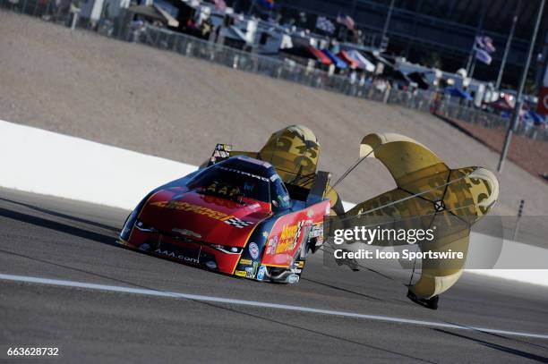 Courtney Force John Force Racing Chevrolet Camaro SS NHRA Funny Car pulls a parachute in the fourth round of qualifying for the18th Annual DENSO...
