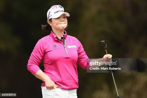 Min-Young Lee of Korea reacts on the eighth green during the final round of the YAMAHA Ladies Open Katsuragi at the Katsuragi Golf Club Yamana Course...