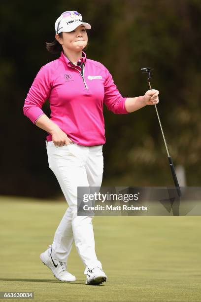 Min-Young Lee of Korea reacts on the eighth green during the final round of the YAMAHA Ladies Open Katsuragi at the Katsuragi Golf Club Yamana Course...