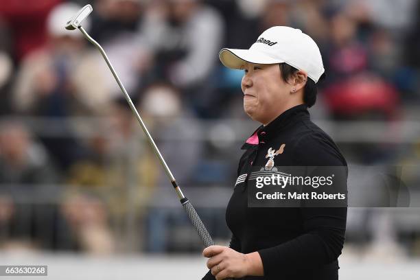 Jiyai Shin of Korea reacts on the eighteenth green during the final round of the YAMAHA Ladies Open Katsuragi at the Katsuragi Golf Club Yamana...